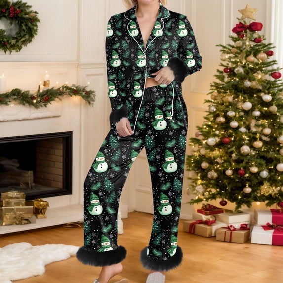 FASHOFT Womens Christmas Pajamas Set Feather Trim Snowman Graphic Long Sleeve Button Up Sleepwear Soft 2 Piece Xmas Holiday Loungewear L
