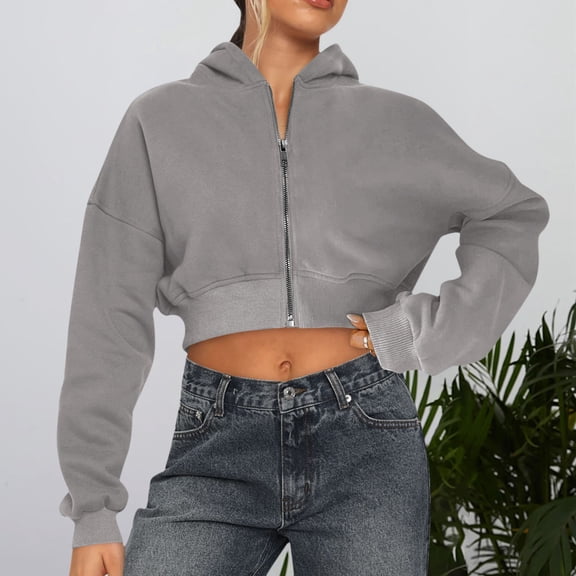 FASHOFT Womens Cropped Zip Up Hoodie Long Sleeve Crop Hooded Jacket with Pocket Comfy Y2K Sweatshirt Streetwear Light Gray S