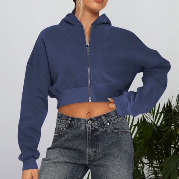 FASHOFT Womens Cropped Zip Up Hoodie Long Sleeve Crop Hooded Jacket with Pocket Comfy Y2K Sweatshirt Streetwear Navy S