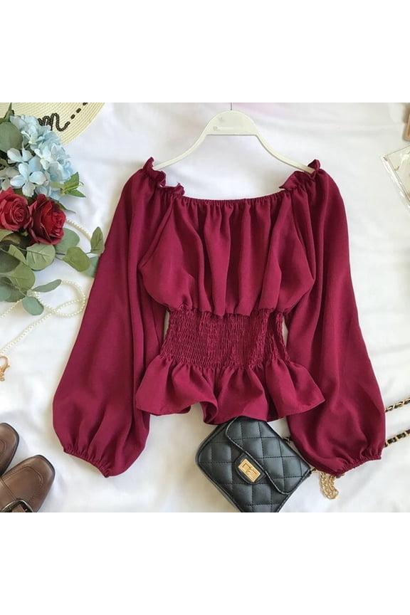Womens Elegant Off The Shoulder Blouse Puff Sleeve Summer Chiffon Slim Fit Party Crop Top Dressy Shirts Brick Red S