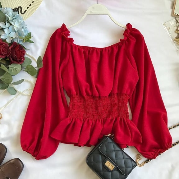 FASHOFT Womens Elegant Off The Shoulder Blouse Puff Sleeve Summer Chiffon Slim Fit Party Crop Top Dressy Shirts Red M