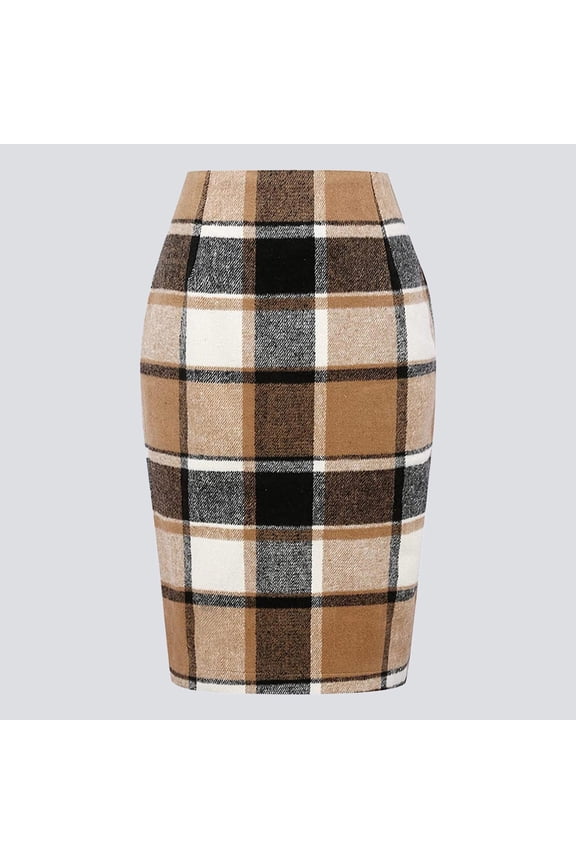 Womens Fall Winter Pencil Skirt Classic Plaid Wool Blend Midi Bottom High Waist Slim Bodycon Design Daily Office Formal Elegant Skirt B