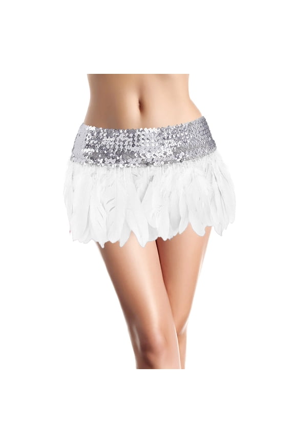 Womens Feather Mini Skirt Stage Performance Short Bottom Fluffy Feather Decoration High Waist Fashion Party Show Dance Wear Elegant Skirt White