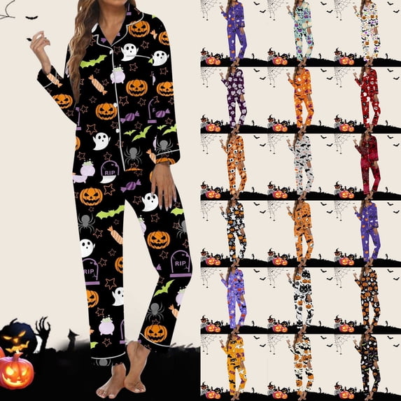 FASHOFT Womens Funny Halloween Pajamas Set 2 Piece Cute Ghost Pumpkin Printing Button Down Shirts and Pants Matching Pajamas Loung Set Black L