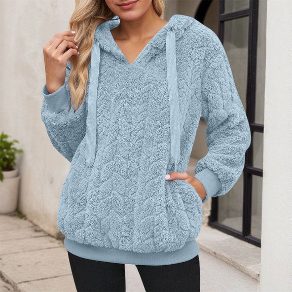 FASHOFT Womens Fuzzy Hoodies Winter Warm Pullover Sport Hoodie Cozy Oversized Hooded Sweatshirt with Pockets Athletic Hoodies Blue XXL