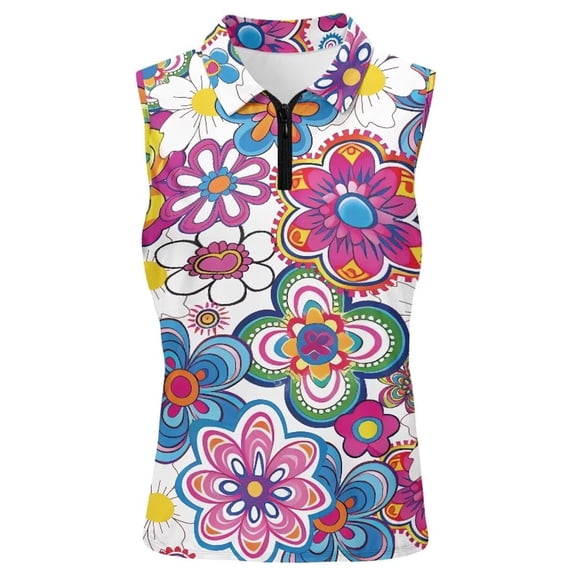 FASHOFT Womens Golf Polo Shirts Tennis Collared Tank Tops Floral Print Quick Dry V Neck Lightweight Sleeveless Shirt White L