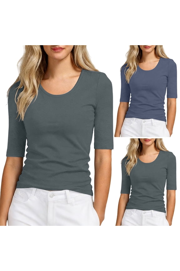 Womens Half Sleeve V Neck T-Shirt Solid Top Slim Fit Base Layer Inner Spring Summer Cotton Soft Shirts Navy L/