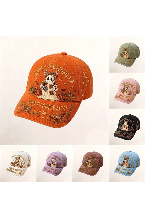 Womens Halloween Caps Cute Embroidered Ghost Hat Adjustable Spooky Halloween Baseball Cap for Women Girls Black One Size