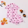 thumbnail image 1 of FASHOFT Womens Halloween Pajamas Set Cute Ghost Pumpkin Graphic Button Down 2 Piece Pjs Shorts Set Ruffle Notch Collar Sleepwear Red XXL, 1 of 8