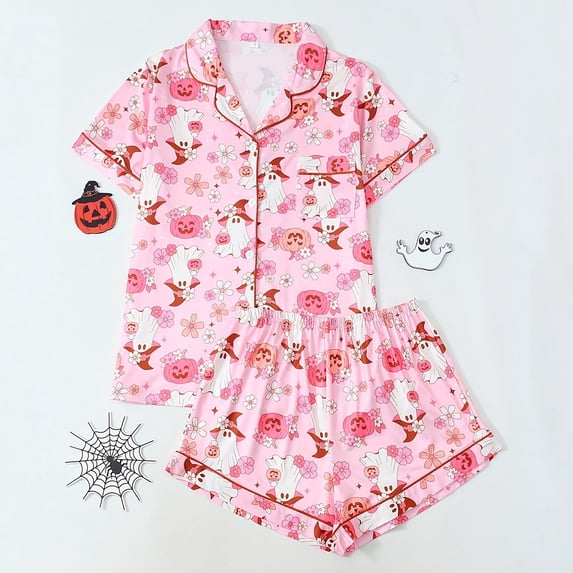 FASHOFT Womens Halloween Pajamas Set Cute Ghost Pumpkin Graphic Button Down Pjs Shorts Set Ruffle Notch Collar 2 Piece Sleepwear Pink S