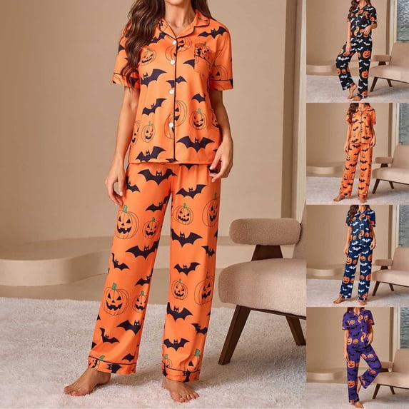 FASHOFT Womens Halloween Pajamas Set Ghost Pumpkin Print Silk Satin Long Sleeve Button Down Shirts Pants Pj Sets Cute Funny Lounge Set Black S