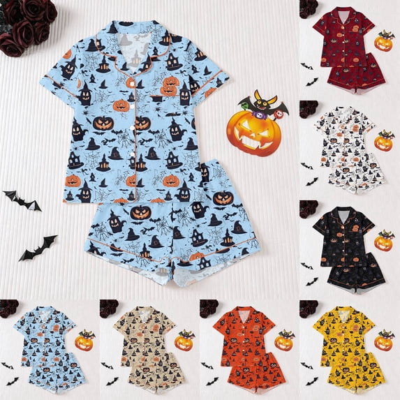 FASHOFT Womens Halloween Pajamas Set Ghost Pumpkin Printing Button Up Pjs Short Sleeve Ruffle Sleepwear Notch Collar Bride Soft Comfy Pj Lounge Sets Khaki L