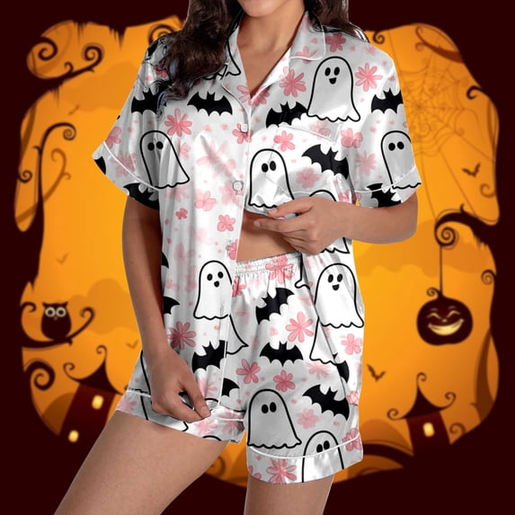 FASHOFT Womens Halloween Pajamas Set Ghost Pumpkin Printing Button Up Pjs Short Sleeve Ruffle Sleepwear Notch Collar Bride Soft Comfy Pj Lounge Sets Light Pink L