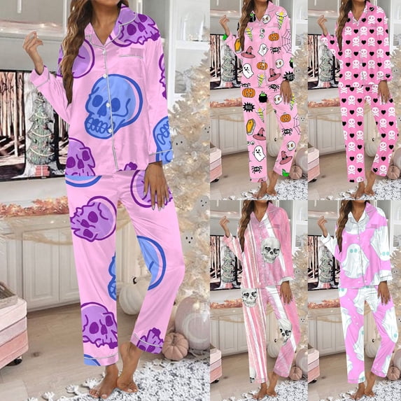 FASHOFT Womens Halloween Pajamas Set Pumpkin Ghost Print Silk Satin Long Sleeve Button Down Shirts Matching Pants Set Cute Comfy Pjs D XL