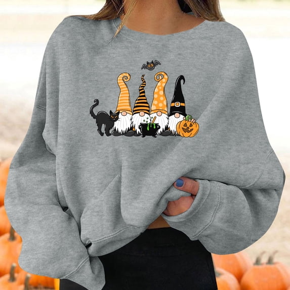 FASHOFT Womens Halloween Sweatshirt Cute Pumpkin Graphic Oversized Sweater Long Sleeve Crew Neck Pullover Tops Fall Winter Casual Holiday Hoodie Grey S