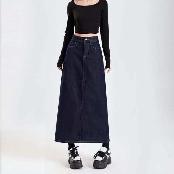 FASHOFT Womens High Wasited A Line Long Maxi Jean Skirt Below Knee Length Flared Midi Denim Skirts with Pockets Dark Blue L