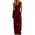 thumbnail image 1 of FASHOFT Womens Jumpsuits Solid Color Sleeveless V Neck Waist Cinched Design Wide Leg With Pockets One Piece Casual Romper For Daily Wear Jumpsuits, 1 of 5