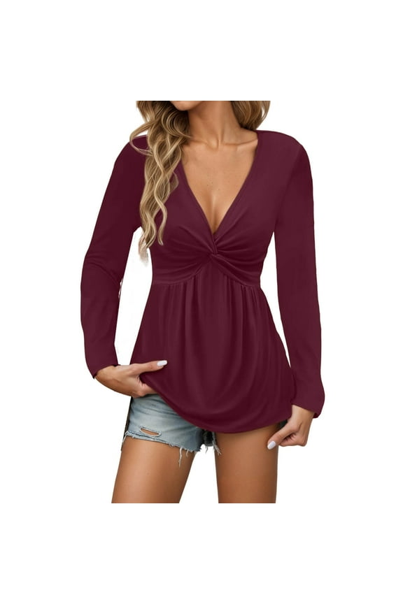 Womens Long Sleeve Deep V Neck Tops Wrap Ruched Slim Fit Shirts Blouse Spring Fall T-Shirt XXL