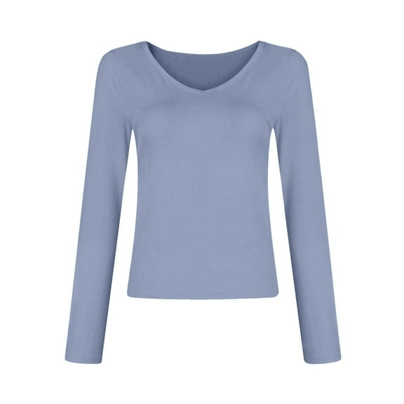 FASHOFT Womens Long Sleeve Tops V Neck Casual Tops 2025 Fashion Slim Fitted Shirts Basic Tee Y2k Outfits Blue L