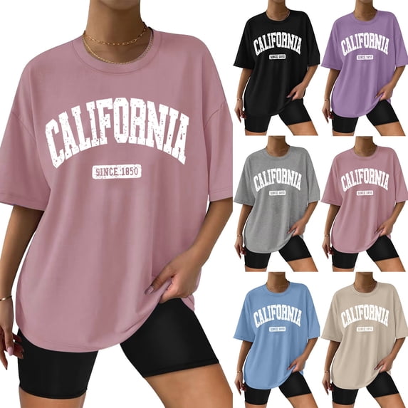 FASHOFT Womens Oversized California Graphic T Shirts Half Sleeve Summer Loose Casual Tees Tunic Tops Purple M