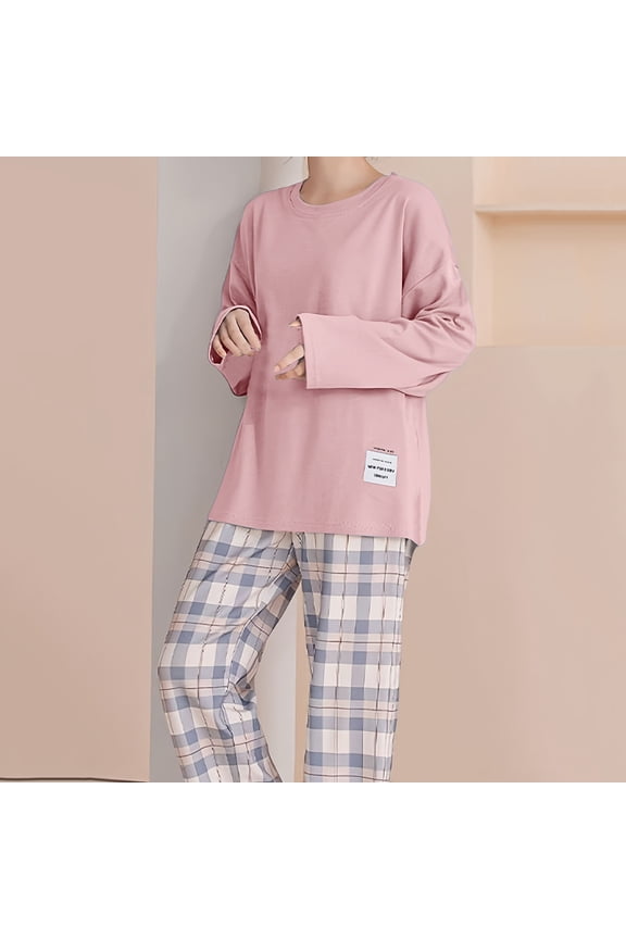 Womens Pajama Sets 2 Piece Long Sleeve Lounge Set Printed Plaid Loose Pants Pj Sets Loungewear Set Pink M