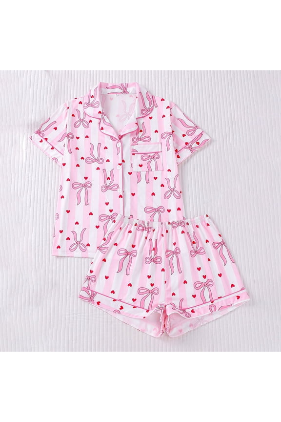 Womens Pajamas Set Cute Bow Graphic Button Down 2 Piece Pjs Shorts Set Ruffle Notch Collar Sleepwear White L