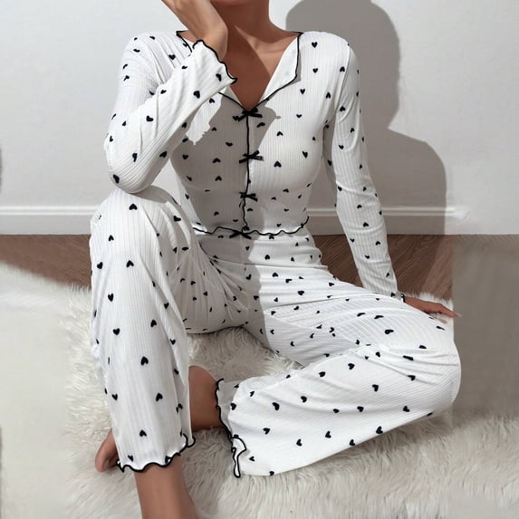 FASHOFT Womens Pajamas Set Ribbed Cute Heart Graphic Long Sleeve 2 Piece Valentines Day Pjs Set Ruffle Soft Sleepwear Loungewear Black XL