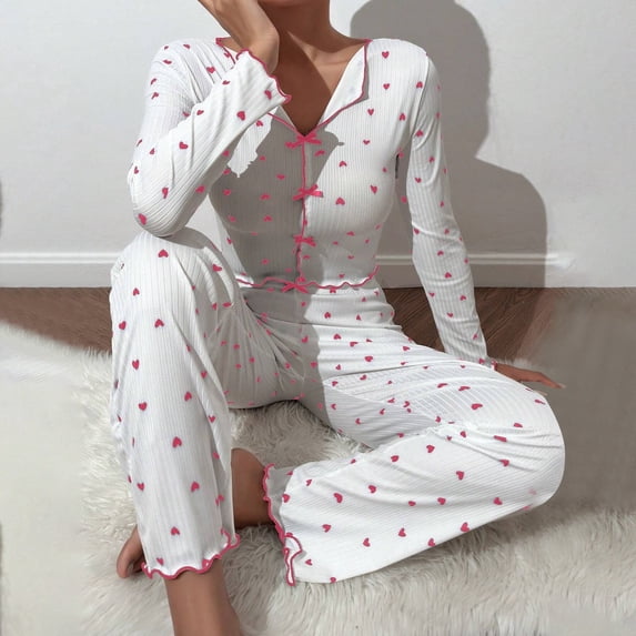 FASHOFT Womens Pajamas Set Ribbed Cute Heart Graphic Long Sleeve 2 Piece Valentines Day Pjs Set Ruffle Soft Sleepwear Loungewear Pink M