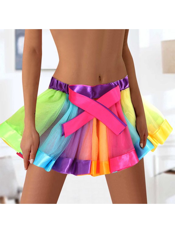 Womens Rainbow Tutu Skirt Three Layer Elastic Mini Bottom Ballet Dance Party Stage Performance Skirt Multicolor