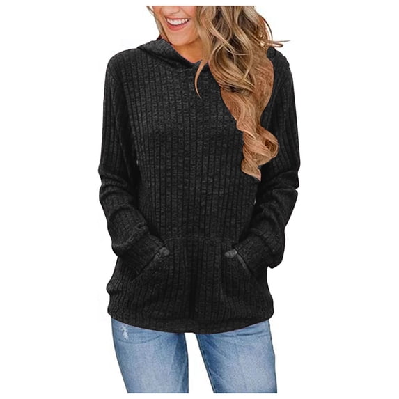 FASHOFT Womens Ribbed Knit Hoodie Sweaters Lightweight Long Sleeve Pullover Tops Casual Fall Winter Sweatshirt Black L