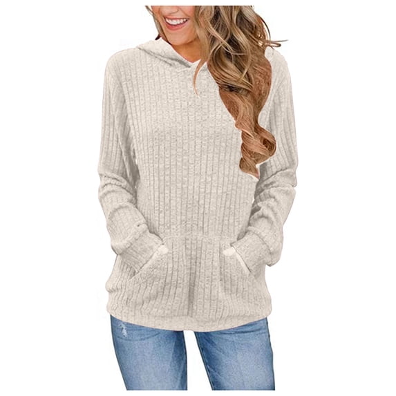 FASHOFT Womens Ribbed Knit Hoodie Sweaters Lightweight Long Sleeve Pullover Tops Casual Fall Winter Sweatshirt White M