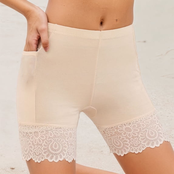 FASHOFT Womens Seamless Boy Shorts Underwear Soft Stretch No Show Boxer Shorts Briefs Lace Trim Panties for Ladies Beige L