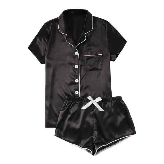 FASHOFT Womens Silk Satin Pajama Set Solid Soft Short Sleeve Button Up Shirts and Shorts 2 Piece Pj Sets Valentine's Day Sleepwear Black M