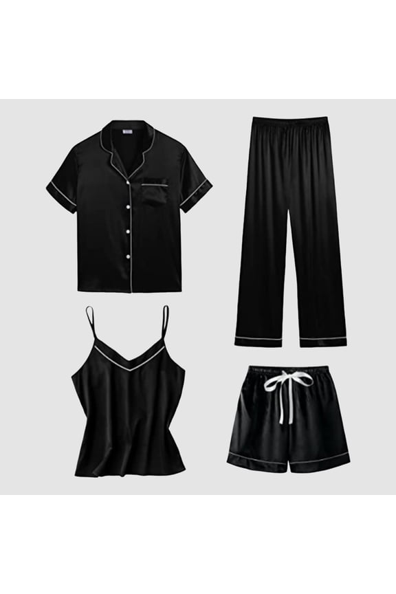 Womens Silk Satin Pajamas Sets 4pcs Sleepwear Sexy Cami Shorts Set and Button Down Short Sleeve Pjs Loungewear Black L