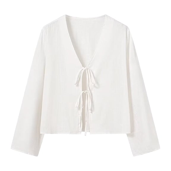 FASHOFT Womens Spring Summer Casual Deep V Flare Sleeve Tie Front Top Blouse Feminine Flowy White M