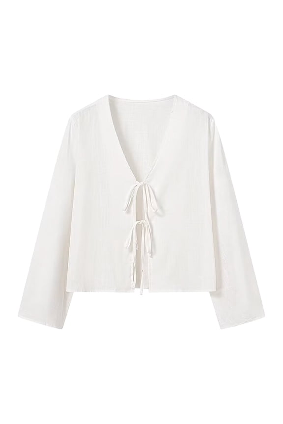 Womens Spring Summer Casual Deep V Flare Sleeve Tie Front Top Blouse Feminine Flowy White S