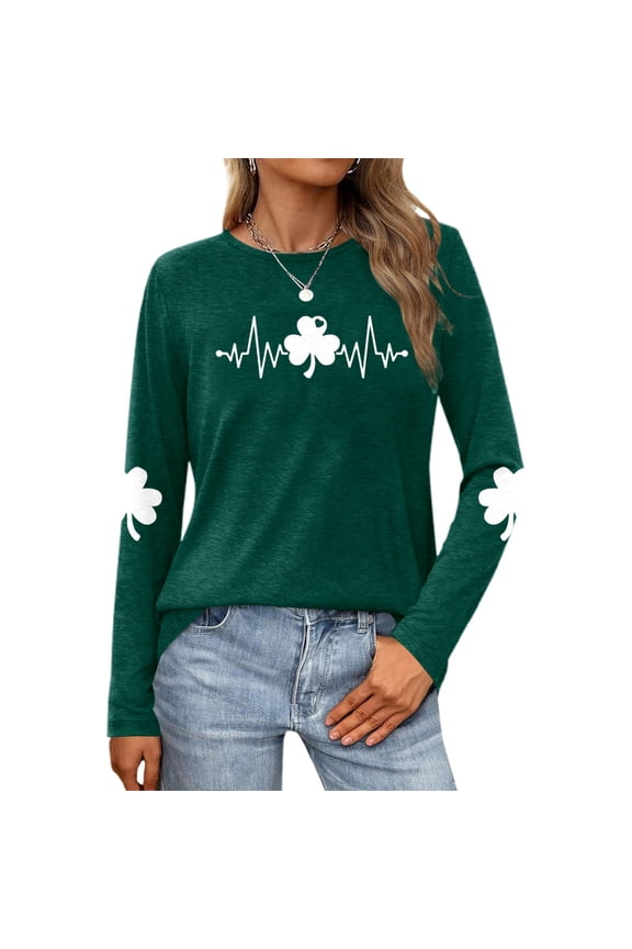 Womens St Patricks Day Shirt Shamrock Clover Graphic Tees Funny Long Sleeve Tops Green XL