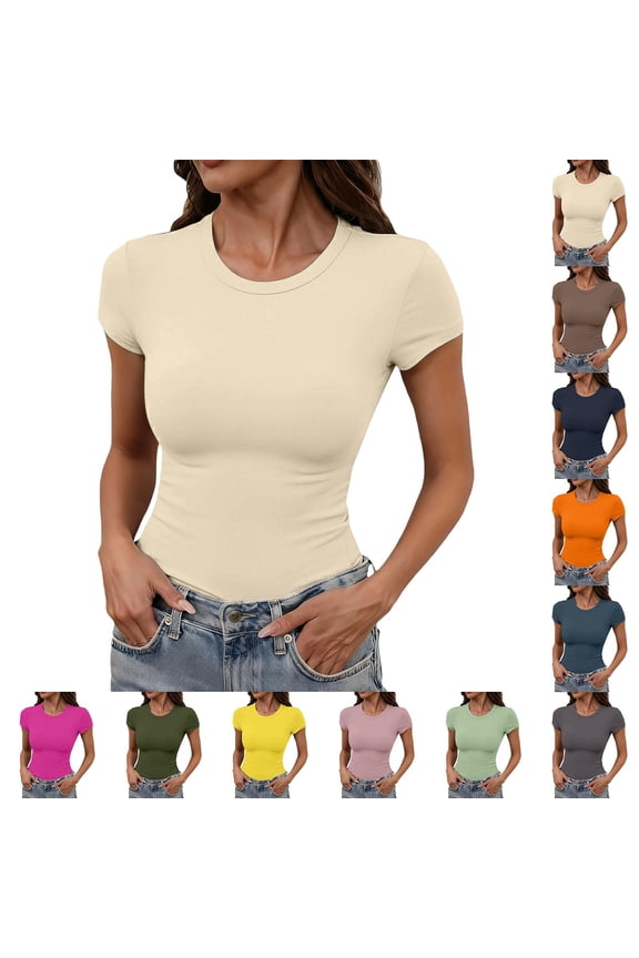 Womens Tight T-Shirt Casual High Round Neck Short Sleeve Slim Fit Summer Going Out Basic Army Green M