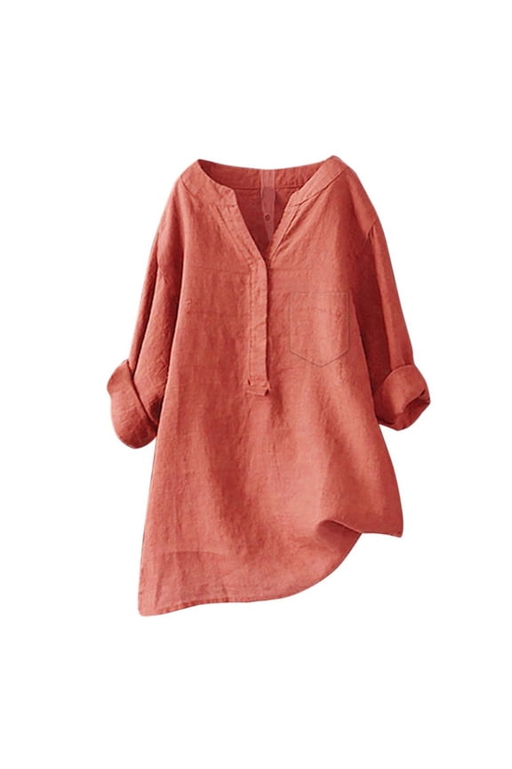 Womens Tops Solid Color Stand Collar Long Sleeve Linen Blend Blouse Loose Fit Casual Design Soft For Spring And Summer Daily Wear Womens Tops RD2