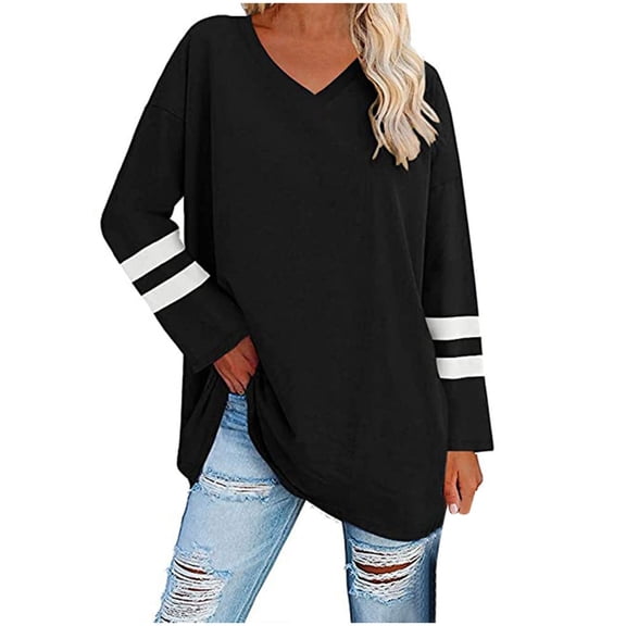 FASHOFT Womens V Neck Long Sleeve Shirts Printed Casual Soft Comfory Y 2 K Blouse Loose Basic Clothing Tops Casual Basic Soft Blouses Black L