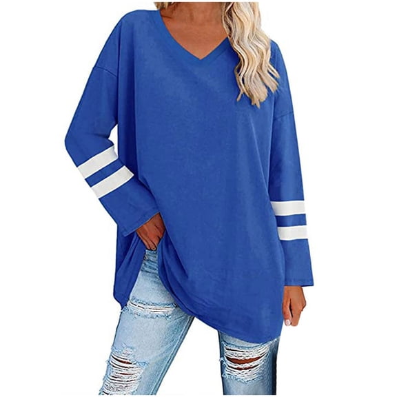 FASHOFT Womens V Neck Long Sleeve Shirts Printed Casual Soft Comfory Y 2 K Blouse Loose Basic Clothing Tops Casual Basic Soft Blouses Blue L