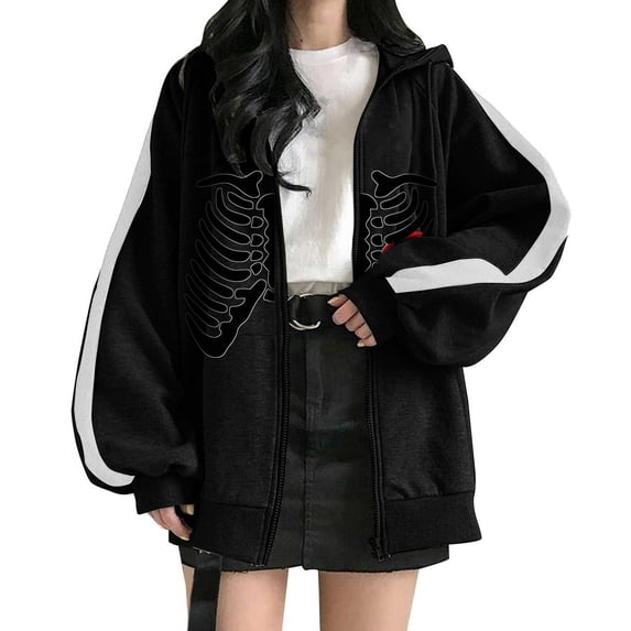 FASHOFT Womens Zip up Jacket Y2k Grunge Zipper Hoodie Women Oversized Emo Goth Skull Graphic Baggy Halloween Sweatshirt Streetwear M