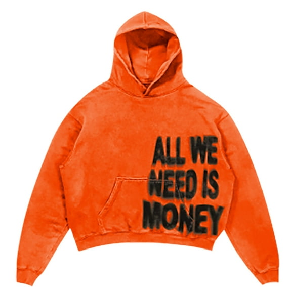FASHOFT Y2K Colorful Hoodies for Men Hip Hop All We Need is Money Oversize Sweatshirt Unisex Casual Baggy Harajuku Gothic Pullover Tops Orange XL