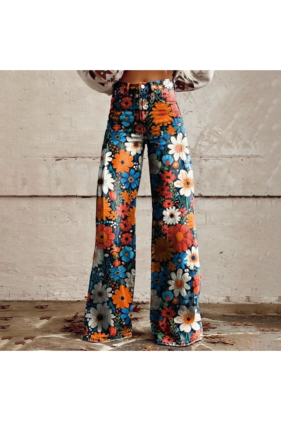 Y2k Distressed Barrel Jeans for Women Baggy Wide Leg Jean Floral Printed Boyfriend Patchwork Denim Pants Navy L