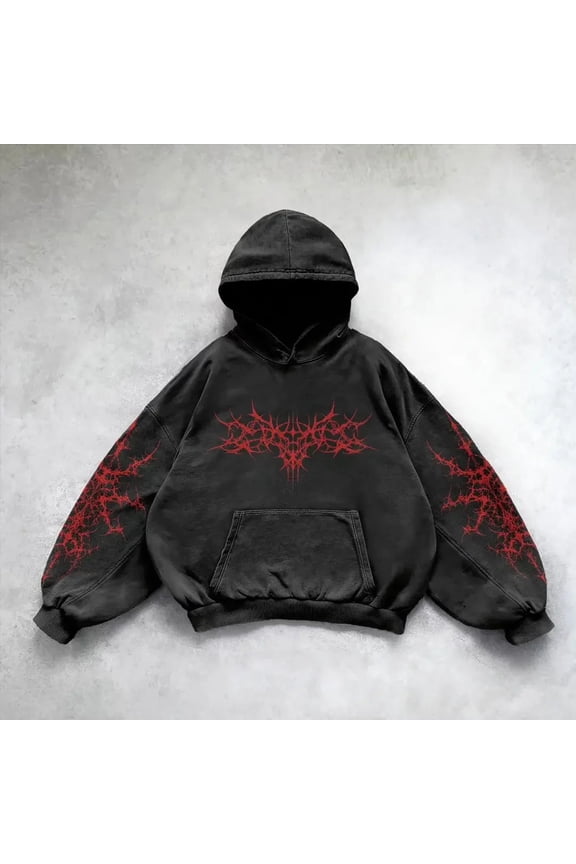 Y2k Gothic Graphic Hoodies for Men Drop Shoulder Loose Fit Sweatshirt Hop Streetwear Long Sleeve Pullover Tops Red M