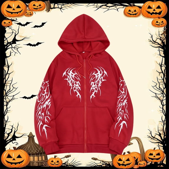 FASHOFT Y2k Gothic Graphic Hoodies for Men Drop Shoulder Loose Fit Zip up Sweatshirt Hip Hop Streetwear Long Sleeve Pullover Tops Red XXXL