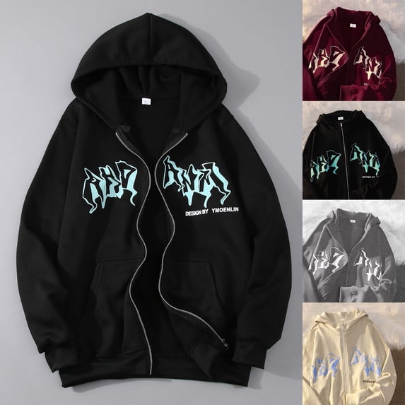 FASHOFT Y2k Hoodies for Men Print Hoodie Grunge Graphic Zip Up Hoodie Y2k Jacket Hip Hop Streetwear Aesthetic Sweatshirt Black L