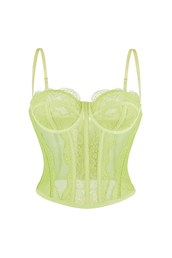 Yellow Corset Tops For Women Lace Trim Thin Spaghetti Strap Boned Waist Cincher Feminine Body Shaping Casual Everyday Wear Top Lace Corset Top M