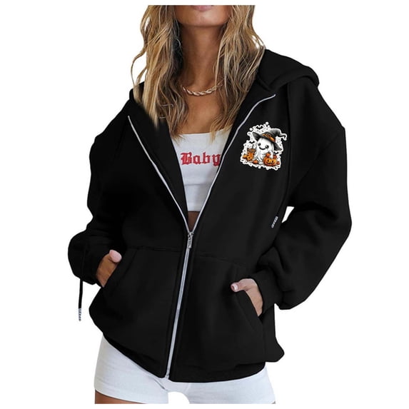 FASHOFT Zip Up Hoodie Women Oversized Halloween Graphic Fleece Jacket with Pockets Funny Ghost Spooky Season Sweatshirt Black L