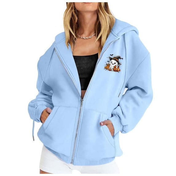 FASHOFT Zip Up Hoodie Women Oversized Halloween Graphic Fleece Jacket with Pockets Funny Ghost Spooky Season Sweatshirt Light Blue XXL